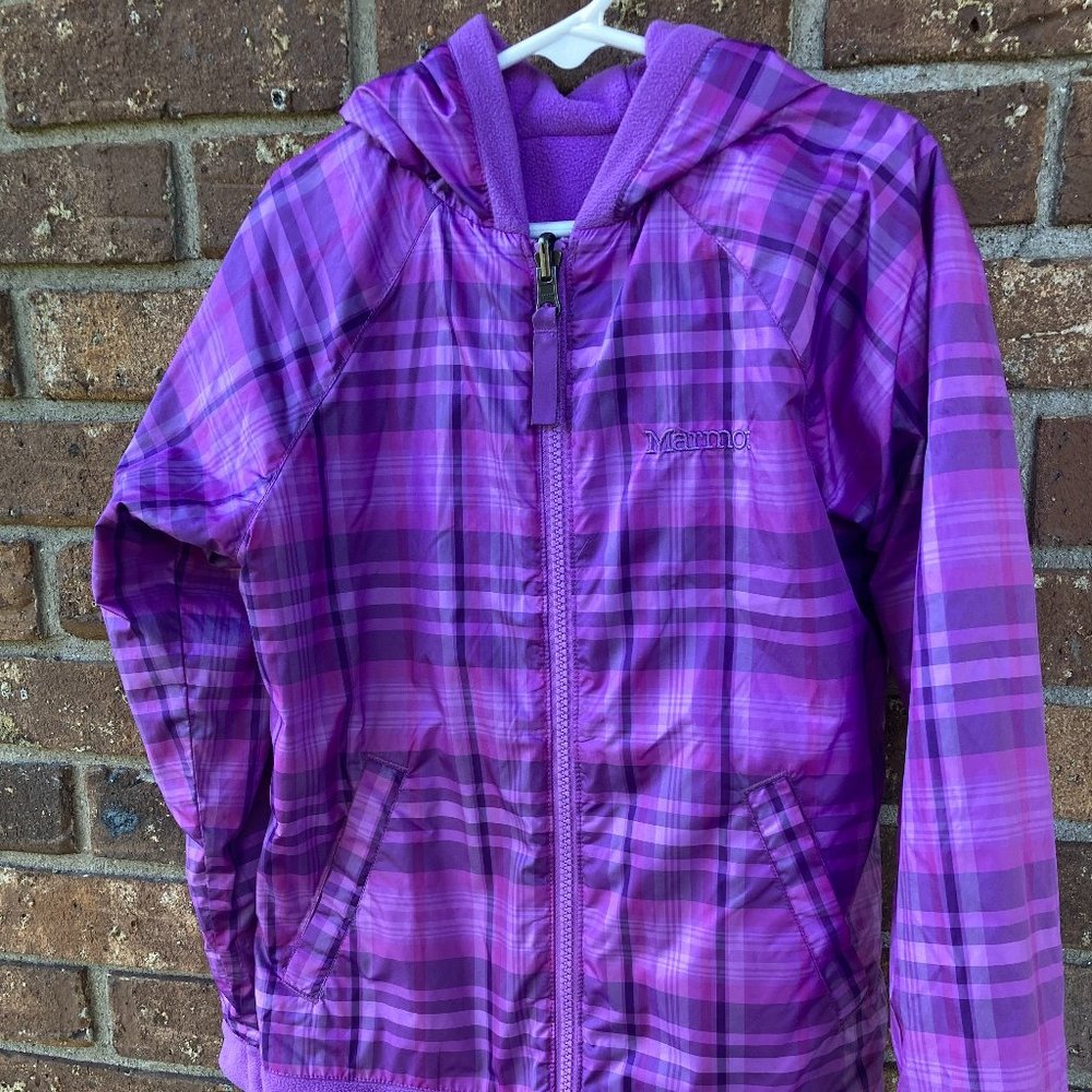 Marmot Purple Plaid Hooded Kids Jacket Approximately size 6